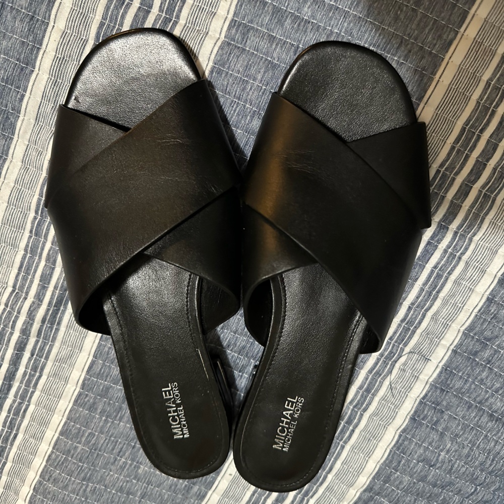 MICHAEL Michael Kors Black Leather Crisscross Slide Mules